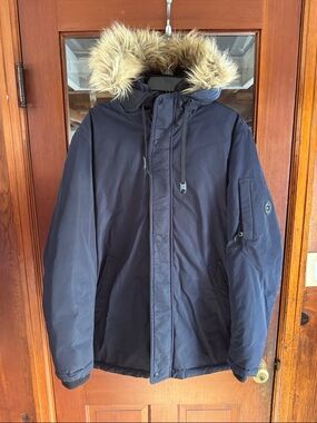 Calvin Klein Navy Puffer Parka with Faux Fur Hood